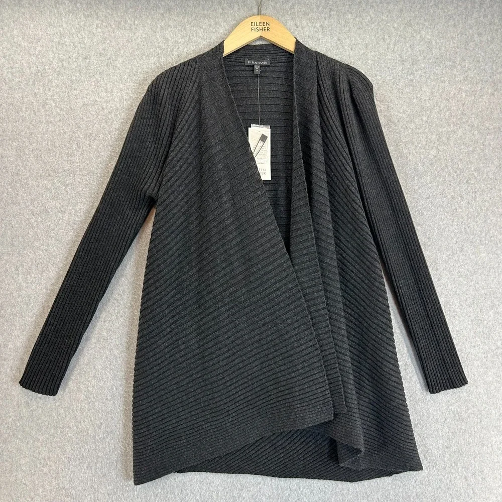 Eileen Fisher Merino Wool Ribbed Cardigan Sweater Charcoal Gray Size Medium NWT